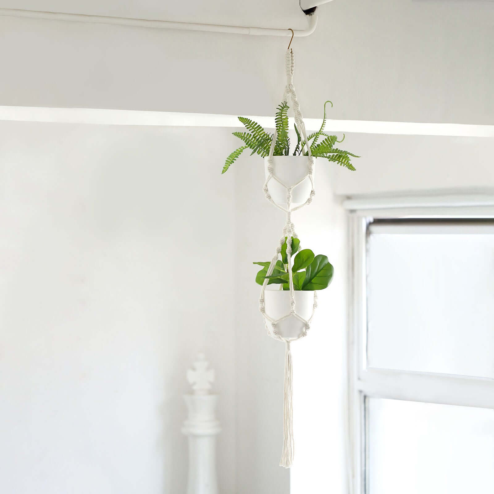 2 - Tier Hanging Planter Basket with Tassels Ivory Double Boho Design - Cotton Rope Indoor Decorative Holders - Bell Racket Store