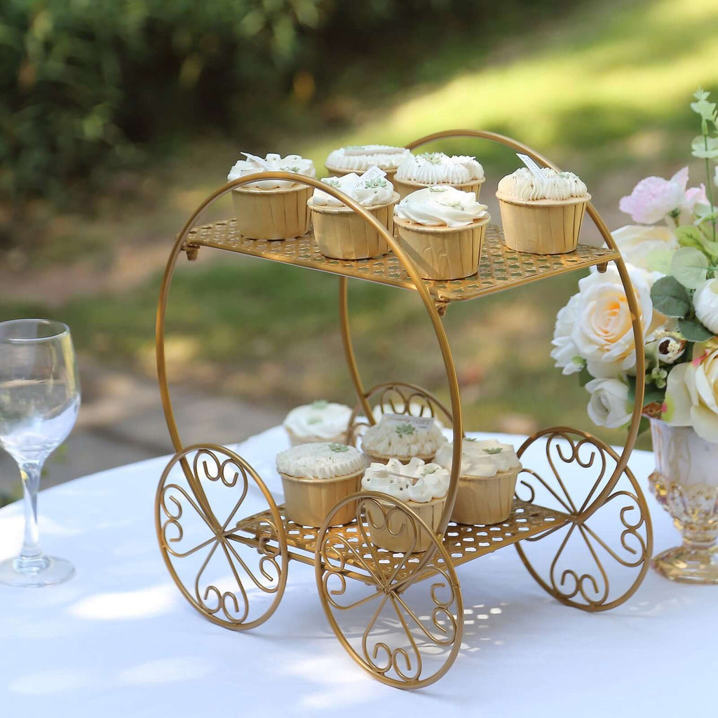 2 - Tier Metal Cupcake Dessert Display Stand Gold - Sophisticated Cinderella Carriage Wedding Cake Stand Centerpiece for Fairytale Themes & Princess Parties 14" - Bell Racket Store