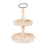 2 - Tier Wooden Serving Tray Stand Beaded Design with Metal Handle Natural - Round Rustic Farmhouse Cupcake Display 17" - Bell Racket Store