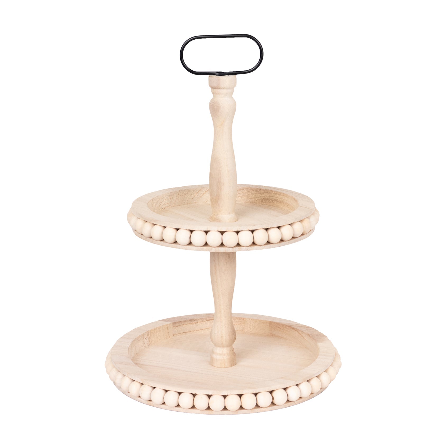 2 - Tier Wooden Serving Tray Stand Beaded Design with Metal Handle Natural - Round Rustic Farmhouse Cupcake Display 17" - Bell Racket Store