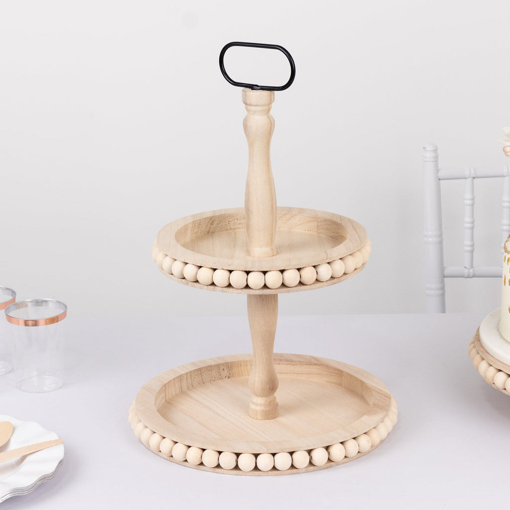 2 - Tier Wooden Serving Tray Stand Beaded Design with Metal Handle Natural - Round Rustic Farmhouse Cupcake Display 17" - Bell Racket Store