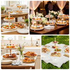 2 - Tier Wooden Serving Tray Stand Beaded Design with Metal Handle Natural - Round Rustic Farmhouse Cupcake Display 17" - Bell Racket Store