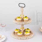 2 - Tier Wooden Serving Tray Stand Beaded Design with Metal Handle Natural - Round Rustic Farmhouse Cupcake Display 17" - Bell Racket Store