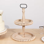 2 - Tier Wooden Serving Tray Stand Beaded Design with Metal Handle Natural - Round Rustic Farmhouse Cupcake Display 17" - Bell Racket Store