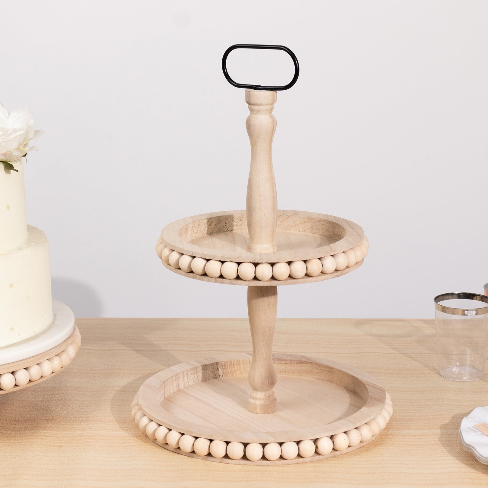 2 - Tier Wooden Serving Tray Stand Beaded Design with Metal Handle Natural - Round Rustic Farmhouse Cupcake Display 17" - Bell Racket Store