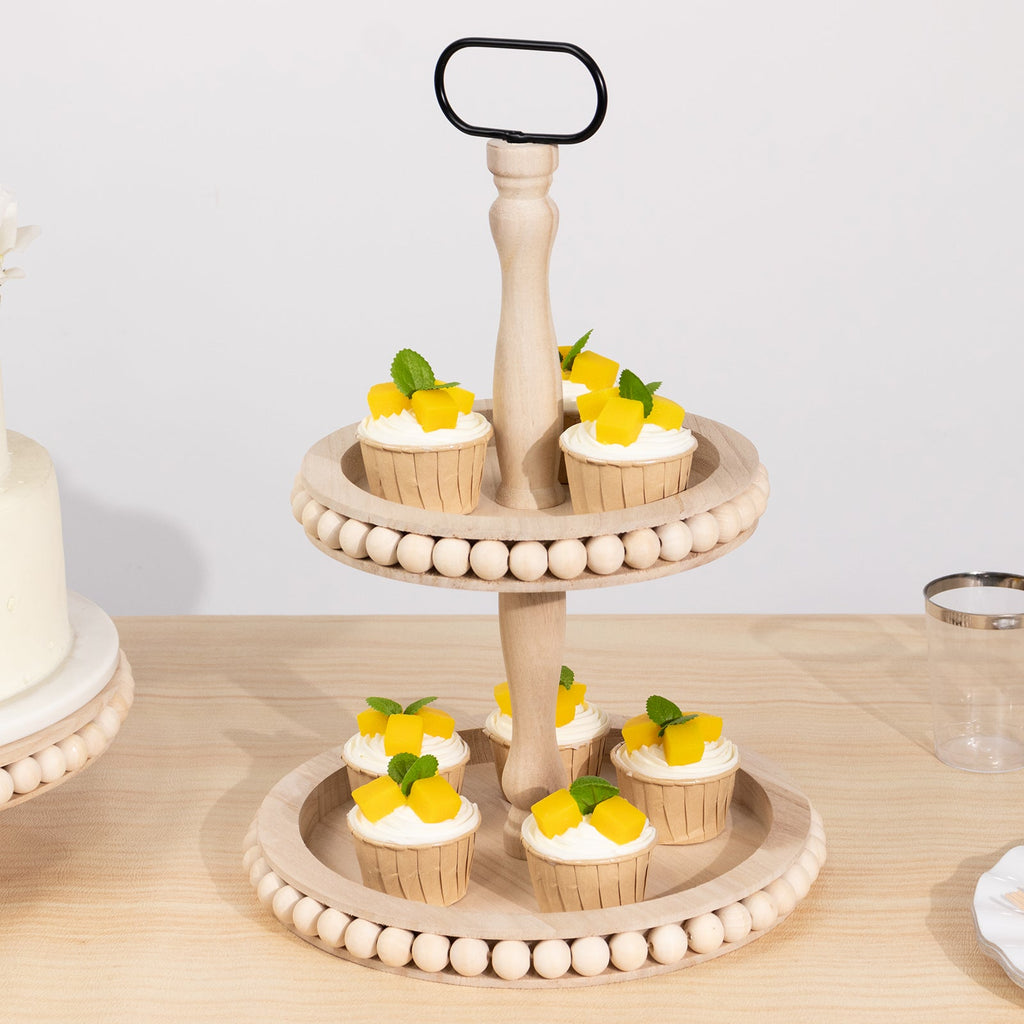 2 - Tier Wooden Serving Tray Stand Beaded Design with Metal Handle Natural - Round Rustic Farmhouse Cupcake Display 17" - Bell Racket Store