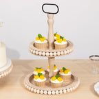 2 - Tier Wooden Serving Tray Stand Beaded Design with Metal Handle Natural - Round Rustic Farmhouse Cupcake Display 17" - Bell Racket Store