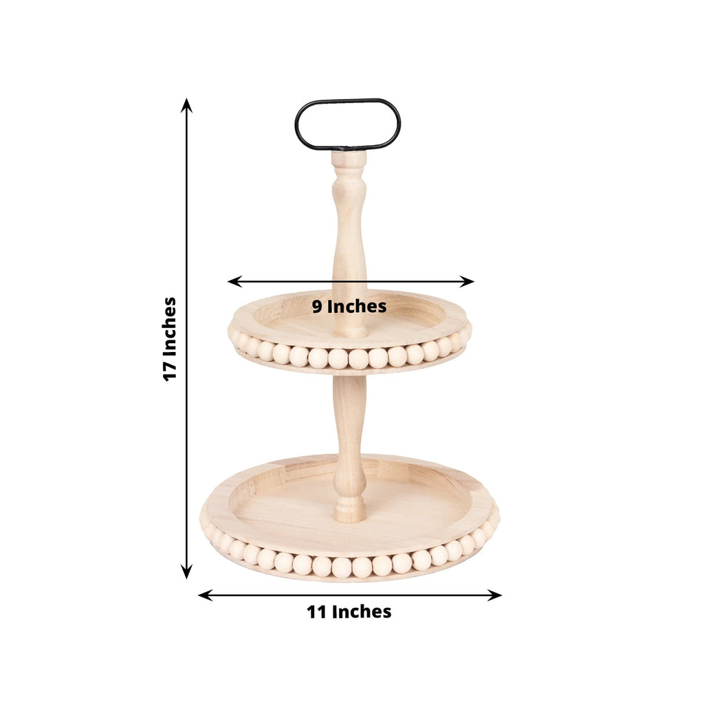 2 - Tier Wooden Serving Tray Stand Beaded Design with Metal Handle Natural - Round Rustic Farmhouse Cupcake Display 17" - Bell Racket Store