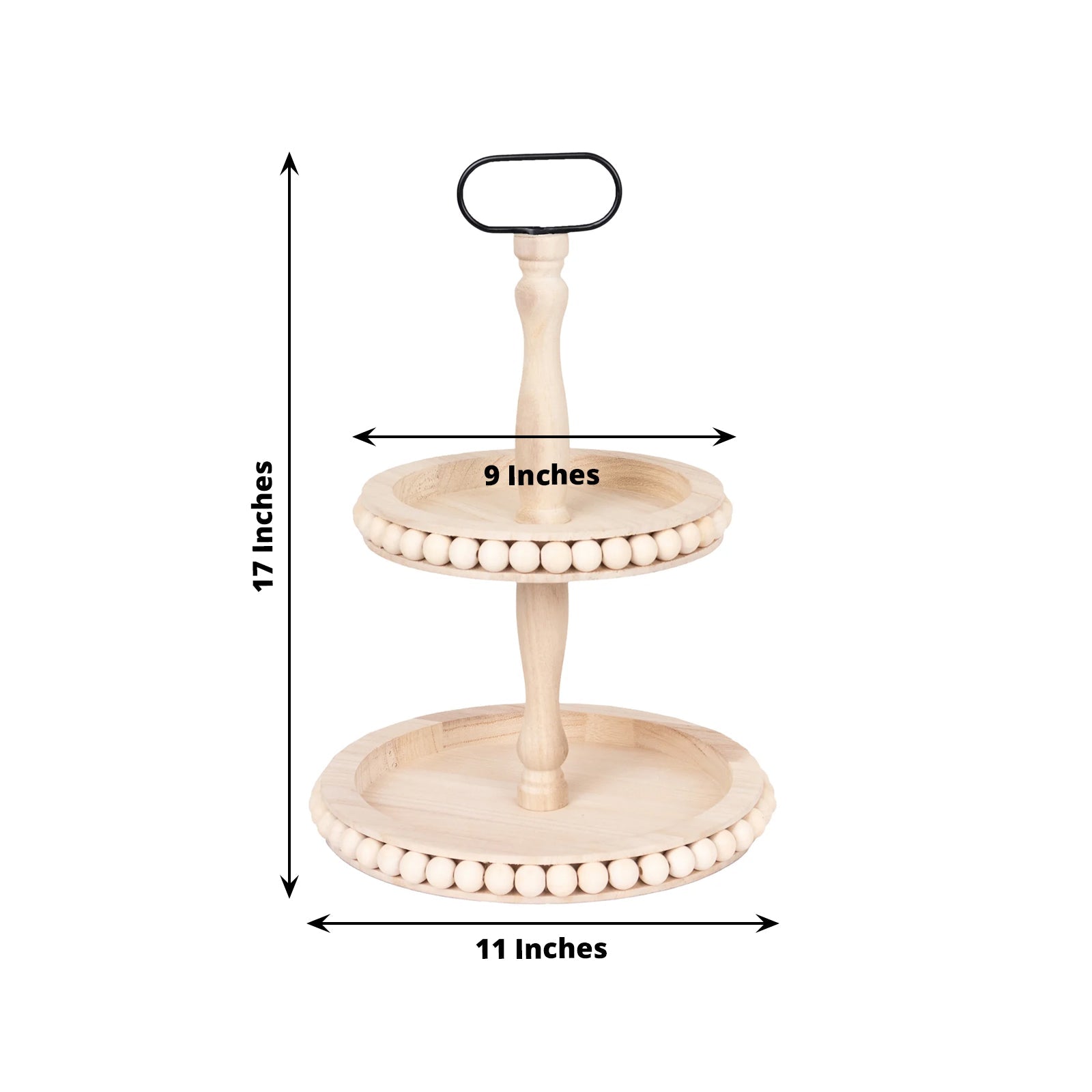 2 - Tier Wooden Serving Tray Stand Beaded Design with Metal Handle Natural - Round Rustic Farmhouse Cupcake Display 17" - Bell Racket Store