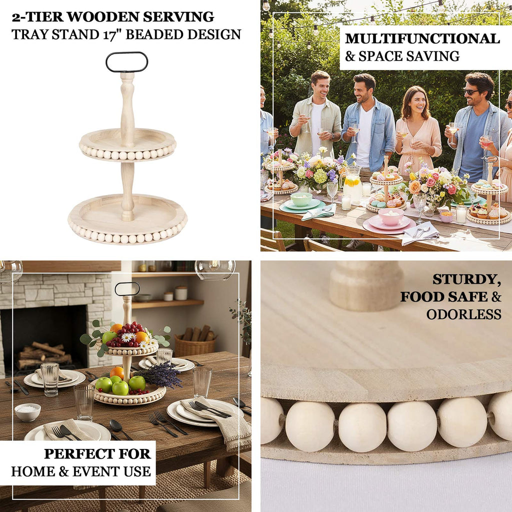 2 - Tier Wooden Serving Tray Stand Beaded Design with Metal Handle Natural - Round Rustic Farmhouse Cupcake Display 17" - Bell Racket Store