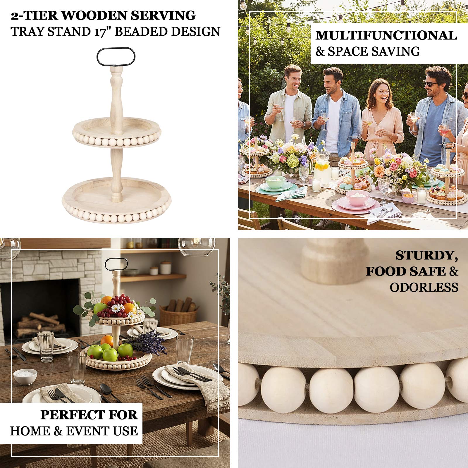 2 - Tier Wooden Serving Tray Stand Beaded Design with Metal Handle Natural - Round Rustic Farmhouse Cupcake Display 17" - Bell Racket Store