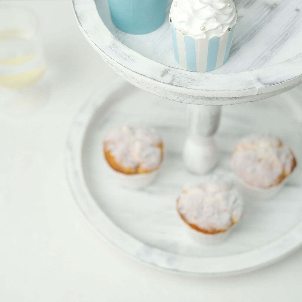 2 - Tier Wooden Serving Tray Stand Rustic Whitewashed Design - Farmhouse Style Cupcake Display 20" - Bell Racket Store