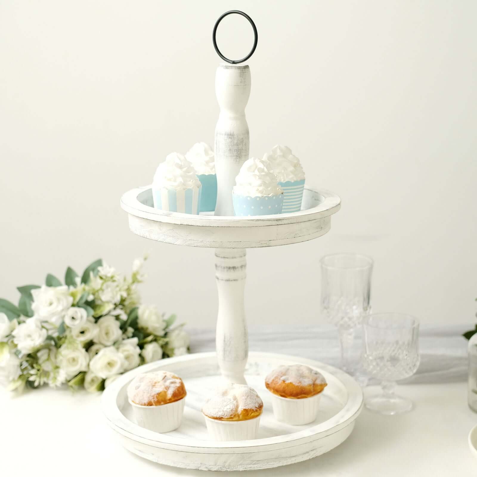 2 - Tier Wooden Serving Tray Stand Rustic Whitewashed Design - Farmhouse Style Cupcake Display 20" - Bell Racket Store