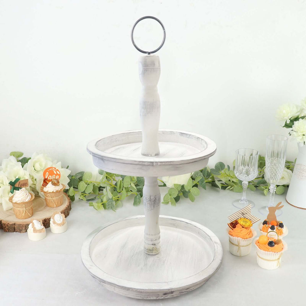 2 - Tier Wooden Serving Tray Stand Rustic Whitewashed Design - Farmhouse Style Cupcake Display 20" - Bell Racket Store