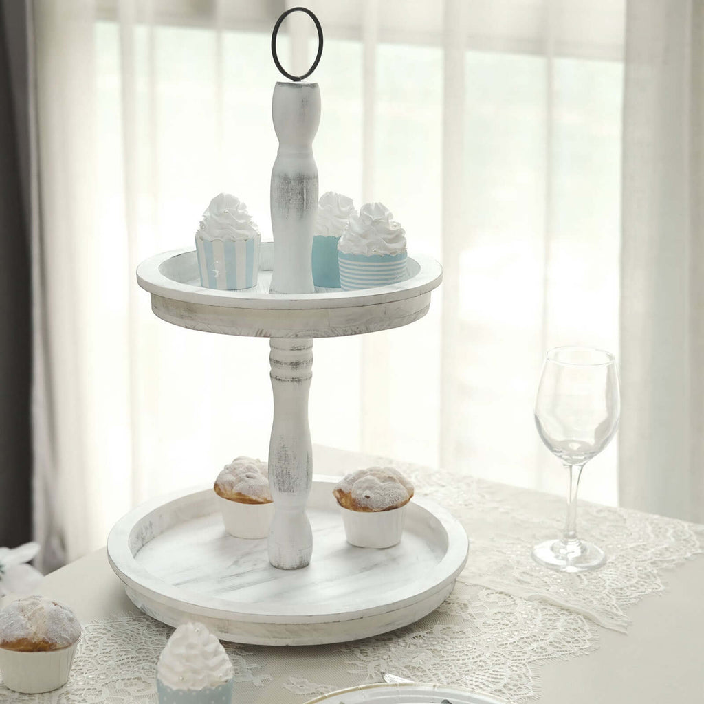 2 - Tier Wooden Serving Tray Stand Rustic Whitewashed Design - Farmhouse Style Cupcake Display 20" - Bell Racket Store