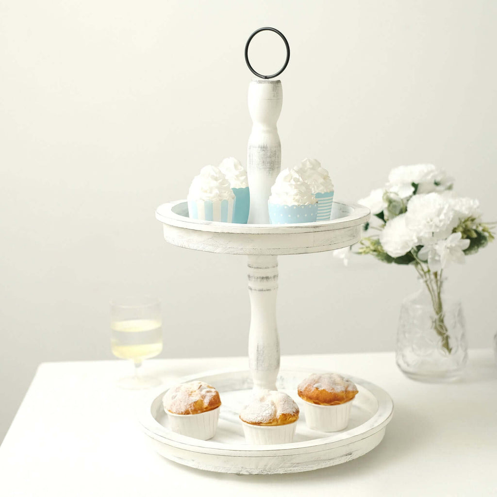 2 - Tier Wooden Serving Tray Stand Rustic Whitewashed Design - Farmhouse Style Cupcake Display 20" - Bell Racket Store