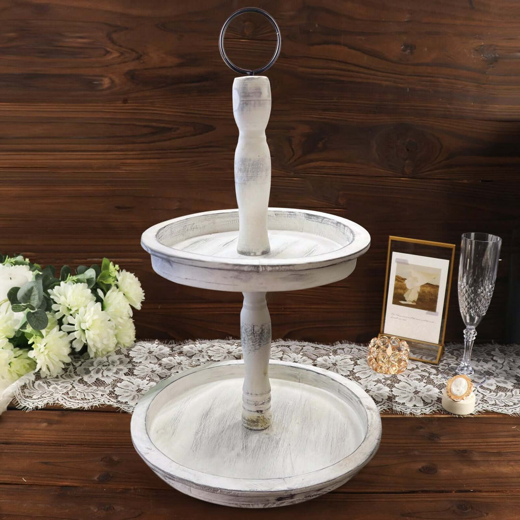 2 - Tier Wooden Serving Tray Stand Rustic Whitewashed Design - Farmhouse Style Cupcake Display 20" - Bell Racket Store
