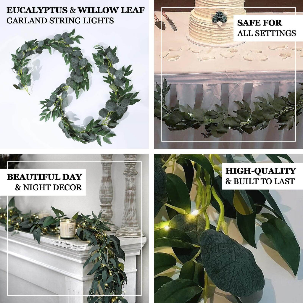 20 LED Garland Fairy String Lights Eucalyptus Leaf Design Willow Green Warm White - Battery Operated Hanging Accent 6ft - Bell Racket Store