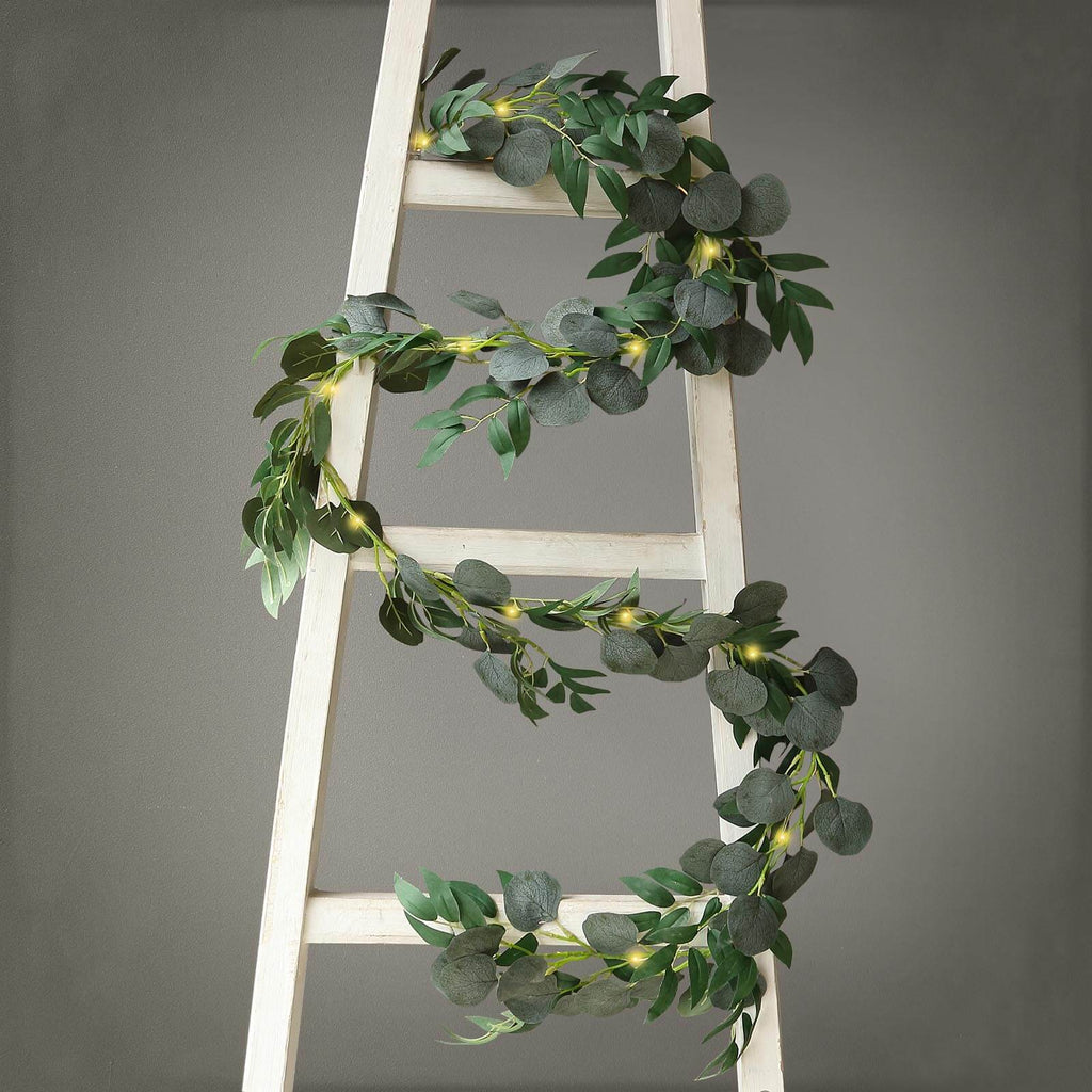 20 LED Garland Fairy String Lights Eucalyptus Leaf Design Willow Green Warm White - Battery Operated Hanging Accent 6ft - Bell Racket Store