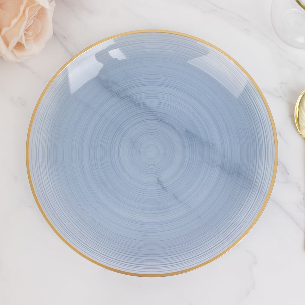 20 - Pack 10" Plastic Dinner Plates, Round Transparent Dusty Blue Swirl with Gold Rim â€“ Crystal - Like Elegant Party Plates - Bell Racket Store