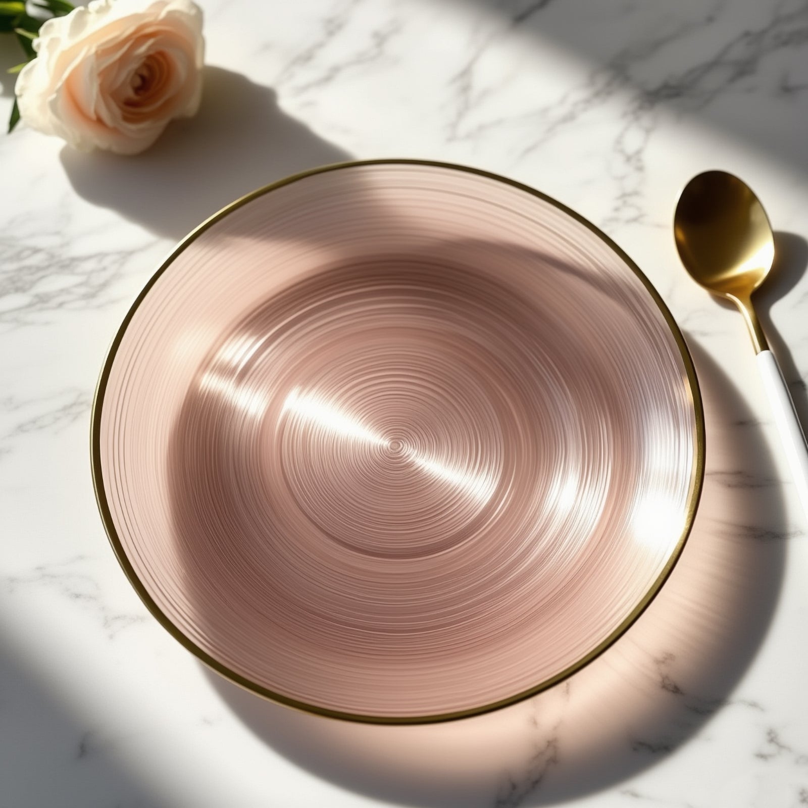 20 - Pack 10" Plastic Dinner Plates, Round Transparent Dusty Rose Swirl with Gold Rim â€“ Crystal - Like Elegant Party Plates - Bell Racket Store