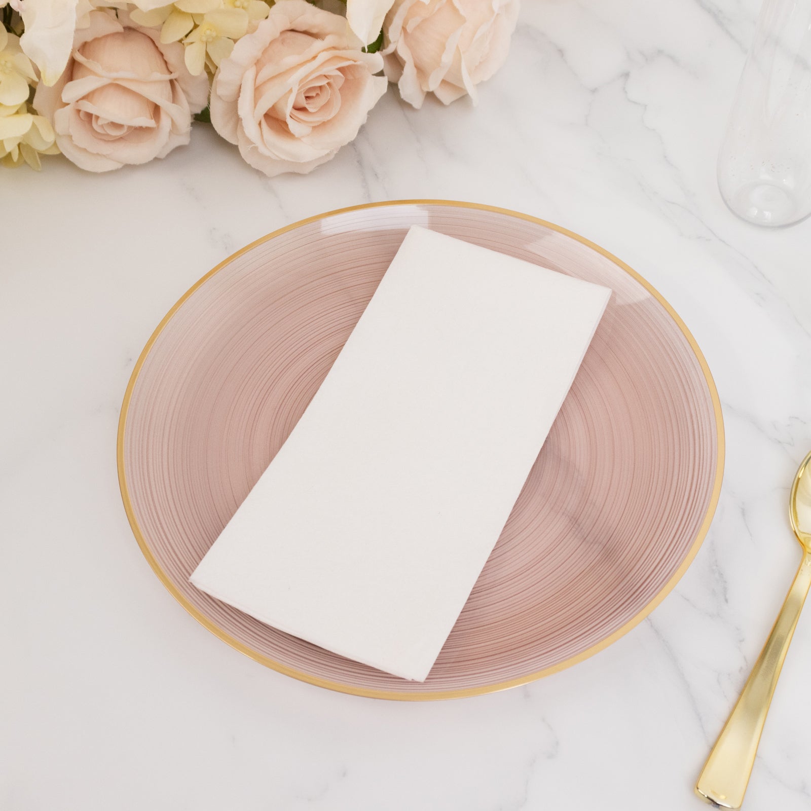 20 - Pack 10" Plastic Dinner Plates, Round Transparent Dusty Rose Swirl with Gold Rim â€“ Crystal - Like Elegant Party Plates - Bell Racket Store