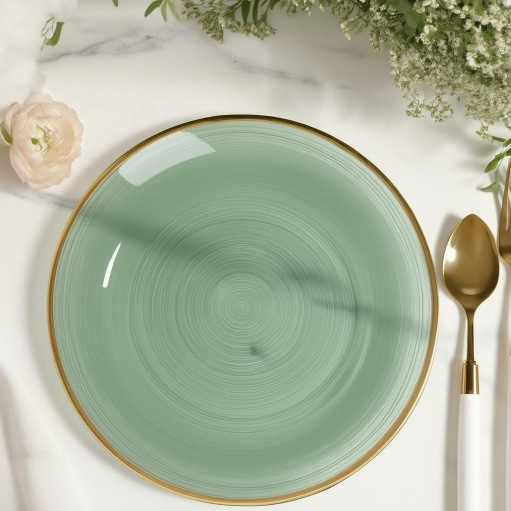 20 - Pack 10" Plastic Dinner Plates, Round Transparent Dusty Sage Green Swirl with Gold Rim â€“ Crystal - Like Elegant Party Plates - Bell Racket Store