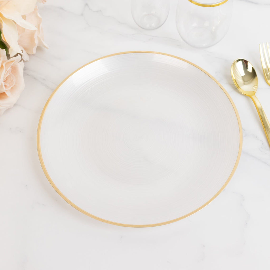 20 - Pack 10" Plastic Dinner Plates, Round Transparent Pearl White Swirl with Gold Rim â€“ Crystal - Like Elegant Party Plates - Bell Racket Store