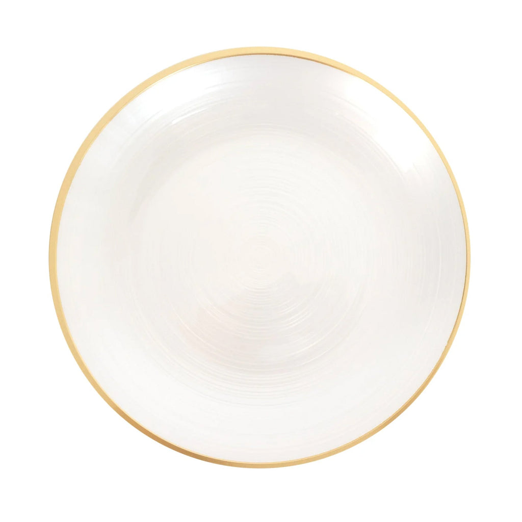 20 - Pack 10" Plastic Dinner Plates, Round Transparent Pearl White Swirl with Gold Rim â€“ Crystal - Like Elegant Party Plates - Bell Racket Store