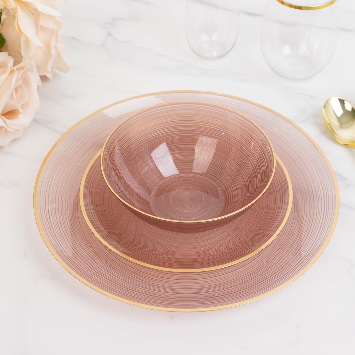 20 - Pack 16oz Plastic Bowls â€“ Transparent Dusty Rose with Gold Rim, Elegant Crystal - Like Swirl Disposable Bowls - Bell Racket Store