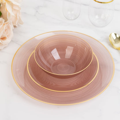 20 - Pack 16oz Plastic Bowls â€“ Transparent Dusty Rose with Gold Rim, Elegant Crystal - Like Swirl Disposable Bowls - Bell Racket Store