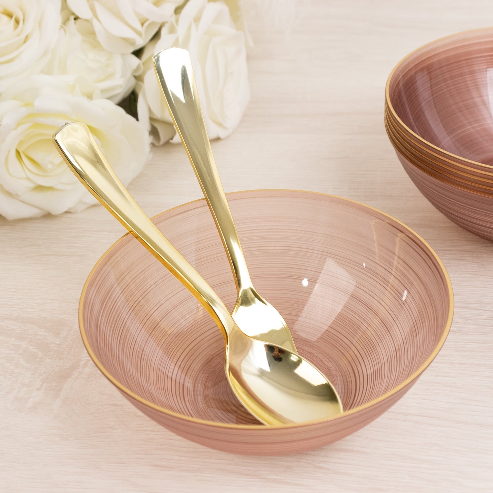 20 - Pack 16oz Plastic Bowls â€“ Transparent Dusty Rose with Gold Rim, Elegant Crystal - Like Swirl Disposable Bowls - Bell Racket Store