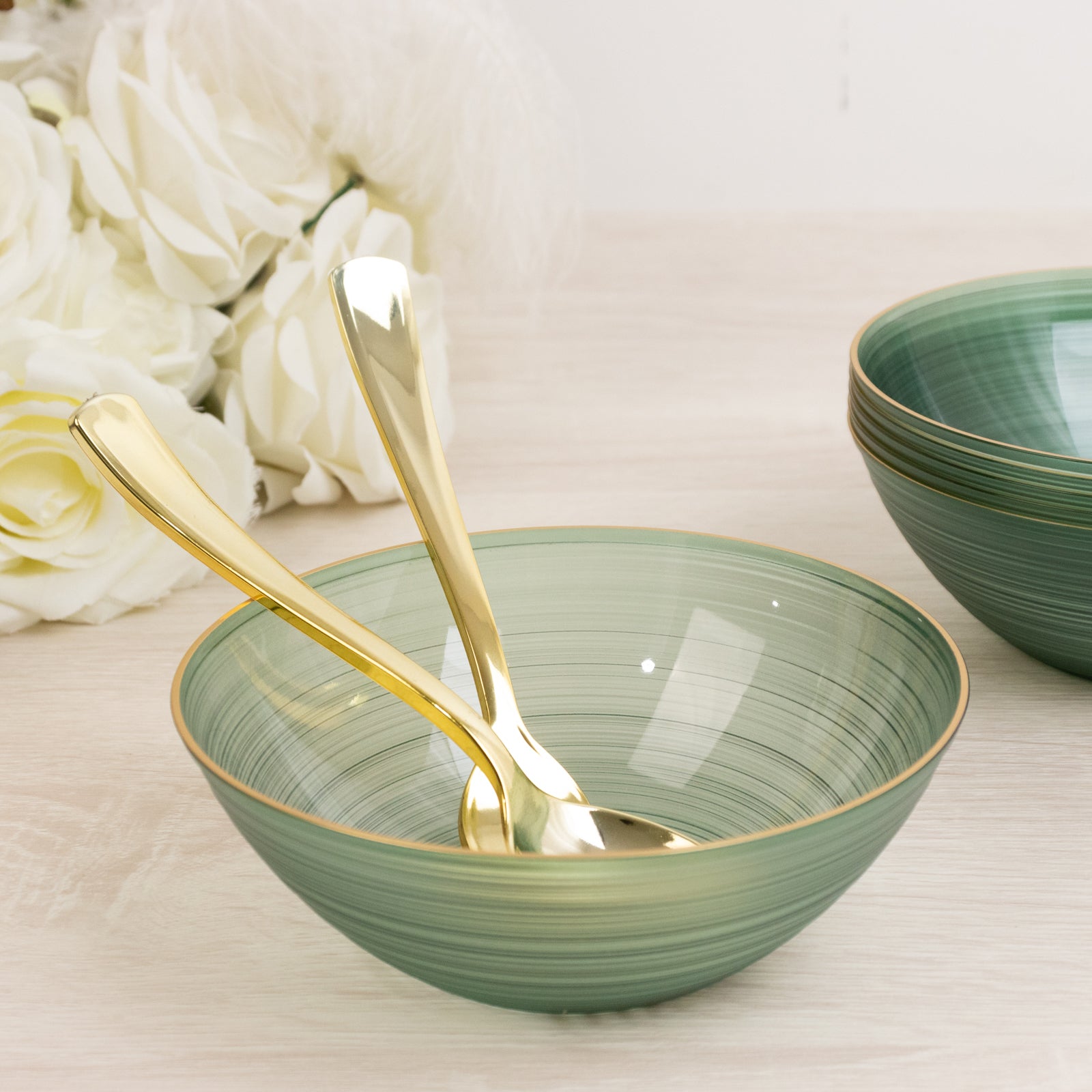 20 - Pack 16oz Plastic Bowls â€“ Transparent Dusty Sage Green with Gold Rim, Elegant Crystal - Like Swirl Disposable Bowls - Bell Racket Store