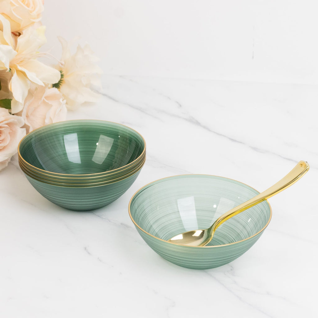 20 - Pack 16oz Plastic Bowls â€“ Transparent Dusty Sage Green with Gold Rim, Elegant Crystal - Like Swirl Disposable Bowls - Bell Racket Store