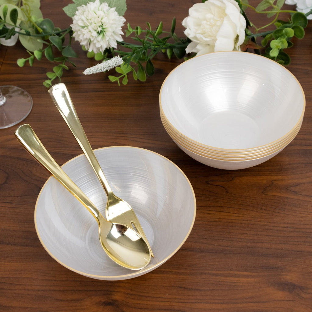 20 - Pack 16oz Plastic Bowls â€“ Transparent Pearl White with Gold Rim, Elegant Crystal - Like Swirl Disposable Bowls - Bell Racket Store