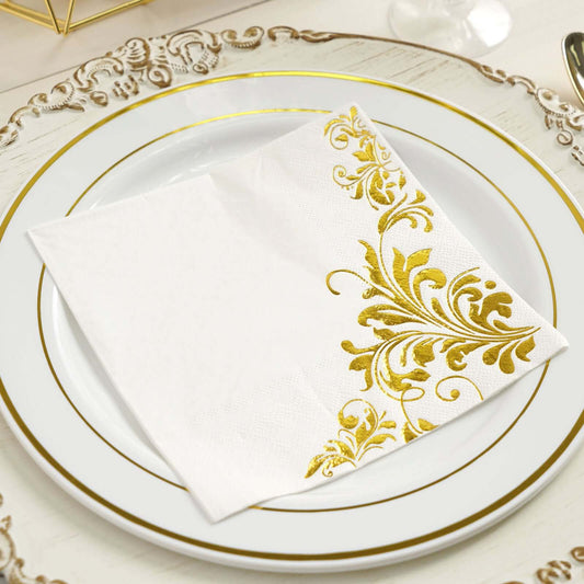 20-Pack Paper Dinner Napkins with Floral Design Metallic Gold - Disposable 3 Ply Cocktail Napkins for Weddings