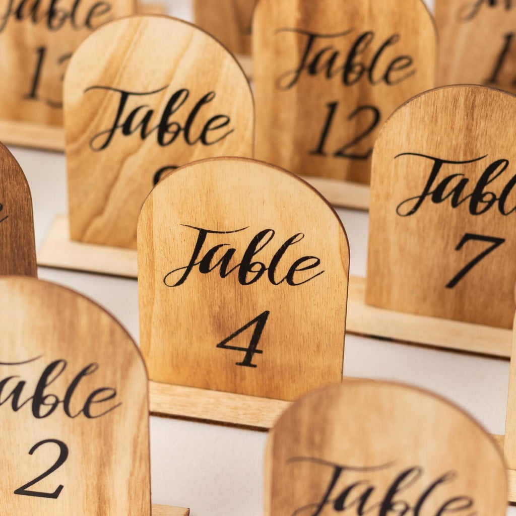 20 - Pack 4.5" Wooden Arch Table Numbers, 1 - 20 Natural Rustic Table Number Placecard - Perfect for Wedding and Event Tables - Bell Racket Store