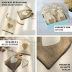 20 Pack 4"x5" Natural Ivory Heart Design Jute Burlap Gift Bags With Drawstring, Rustic Wedding Party Favor Bags - Bell Racket Store