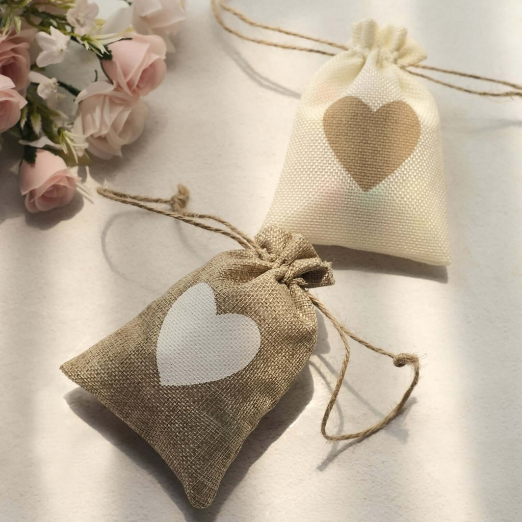 20 Pack 4"x5" Natural Ivory Heart Design Jute Burlap Gift Bags With Drawstring, Rustic Wedding Party Favor Bags - Bell Racket Store