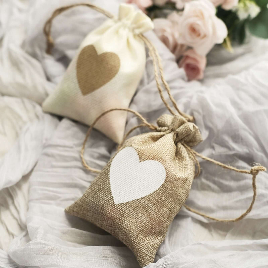20 Pack 4"x5" Natural Ivory Heart Design Jute Burlap Gift Bags With Drawstring, Rustic Wedding Party Favor Bags - Bell Racket Store