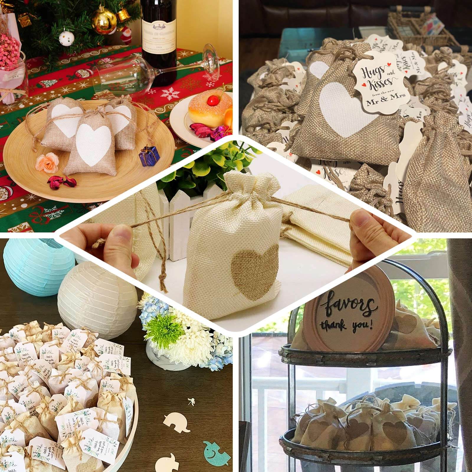 20 Pack 4"x5" Natural Ivory Heart Design Jute Burlap Gift Bags With Drawstring, Rustic Wedding Party Favor Bags - Bell Racket Store