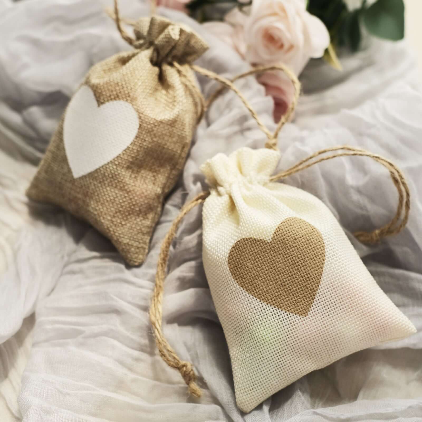 20 Pack 4"x5" Natural Ivory Heart Design Jute Burlap Gift Bags With Drawstring, Rustic Wedding Party Favor Bags - Bell Racket Store
