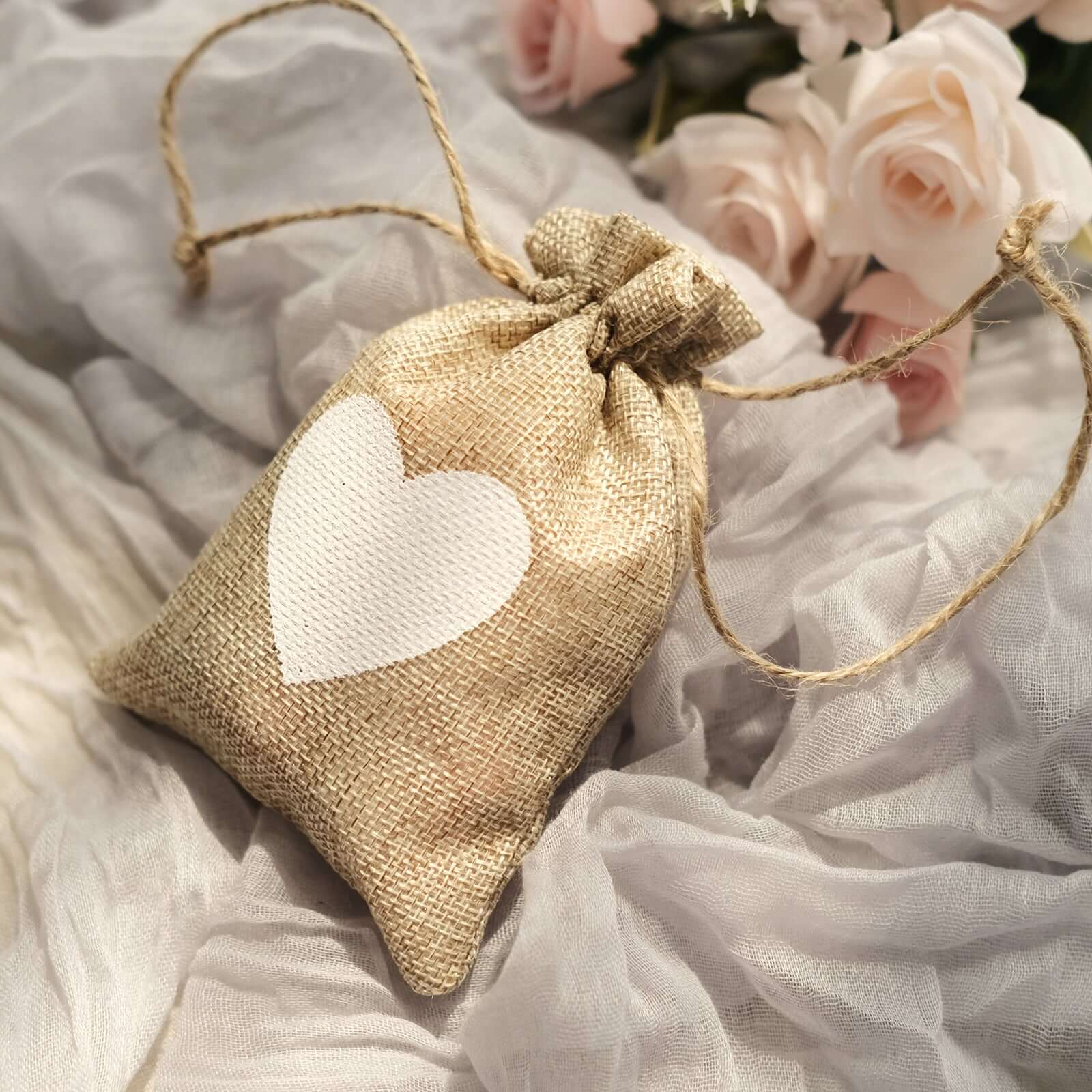 20 Pack 4"x5" Natural Ivory Heart Design Jute Burlap Gift Bags With Drawstring, Rustic Wedding Party Favor Bags - Bell Racket Store