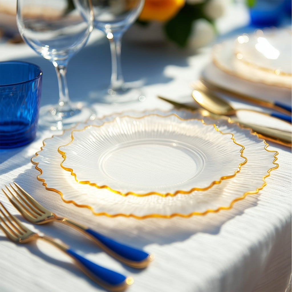 20 Pack 7" Plastic Dessert Plates â€“ Clear Reef Design with Gold Rim, Appetizer and Salad Party Plates â€“ Elegant Disposable Tableware - Bell Racket Store