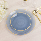 20 - Pack 7" Plastic Salad Dessert Plates, Round Transparent Dusty Blue Swirl with Gold Rim â€“ Crystal - Like Elegant Party Plates - Bell Racket Store