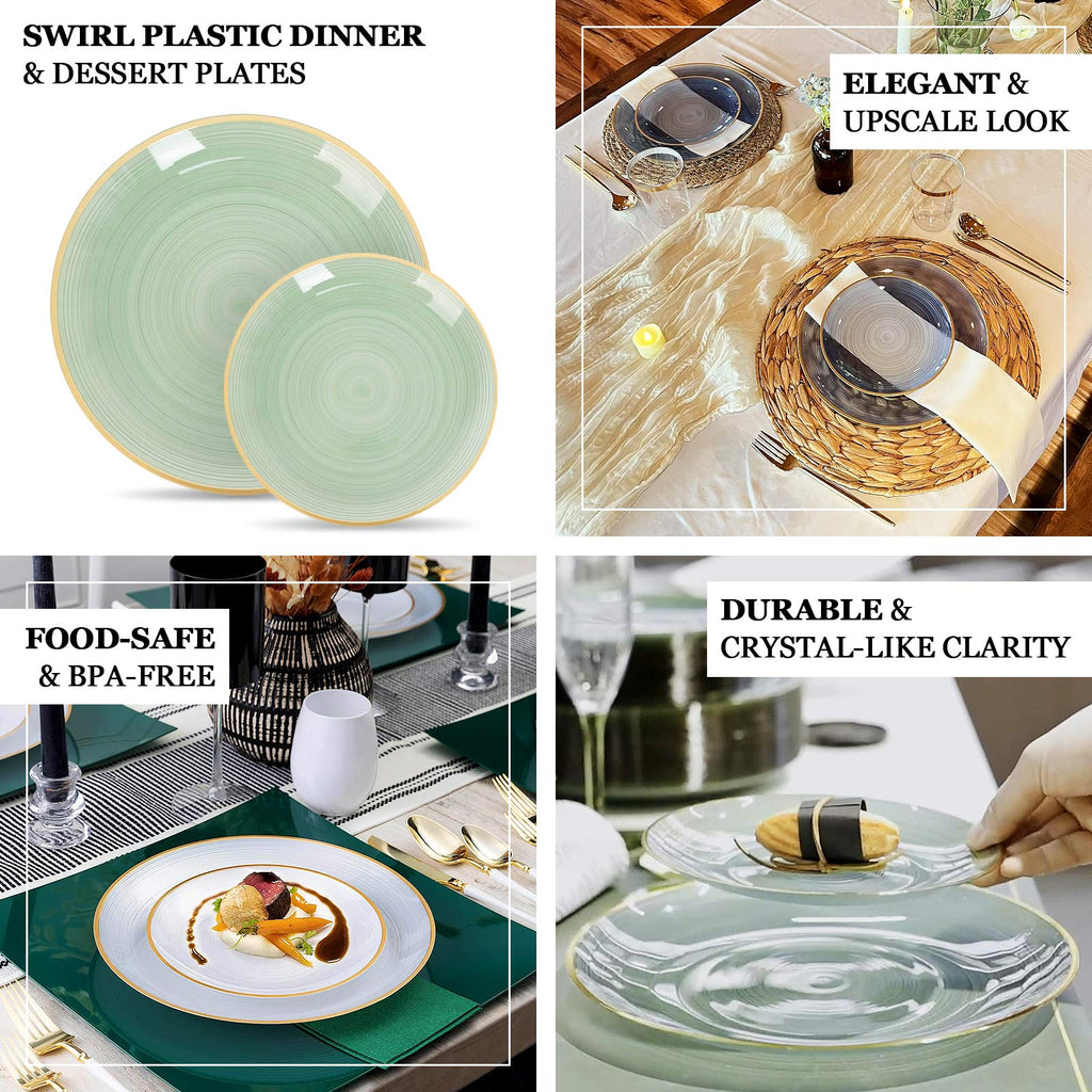 20 - Pack 7" Plastic Salad Dessert Plates, Round Transparent Dusty Blue Swirl with Gold Rim â€“ Crystal - Like Elegant Party Plates - Bell Racket Store