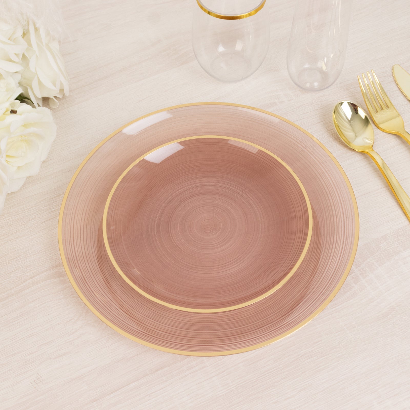20 - Pack 7" Plastic Salad Dessert Plates, Round Transparent Dusty Rose Swirl with Gold Rim â€“ Crystal - Like Elegant Party Plates - Bell Racket Store