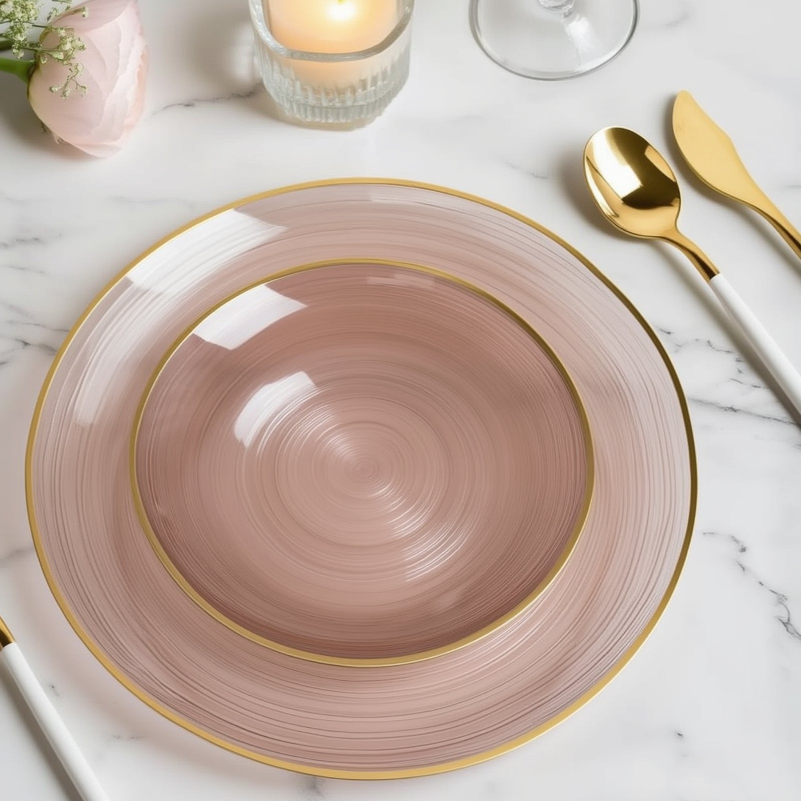 20 - Pack 7" Plastic Salad Dessert Plates, Round Transparent Dusty Rose Swirl with Gold Rim â€“ Crystal - Like Elegant Party Plates - Bell Racket Store