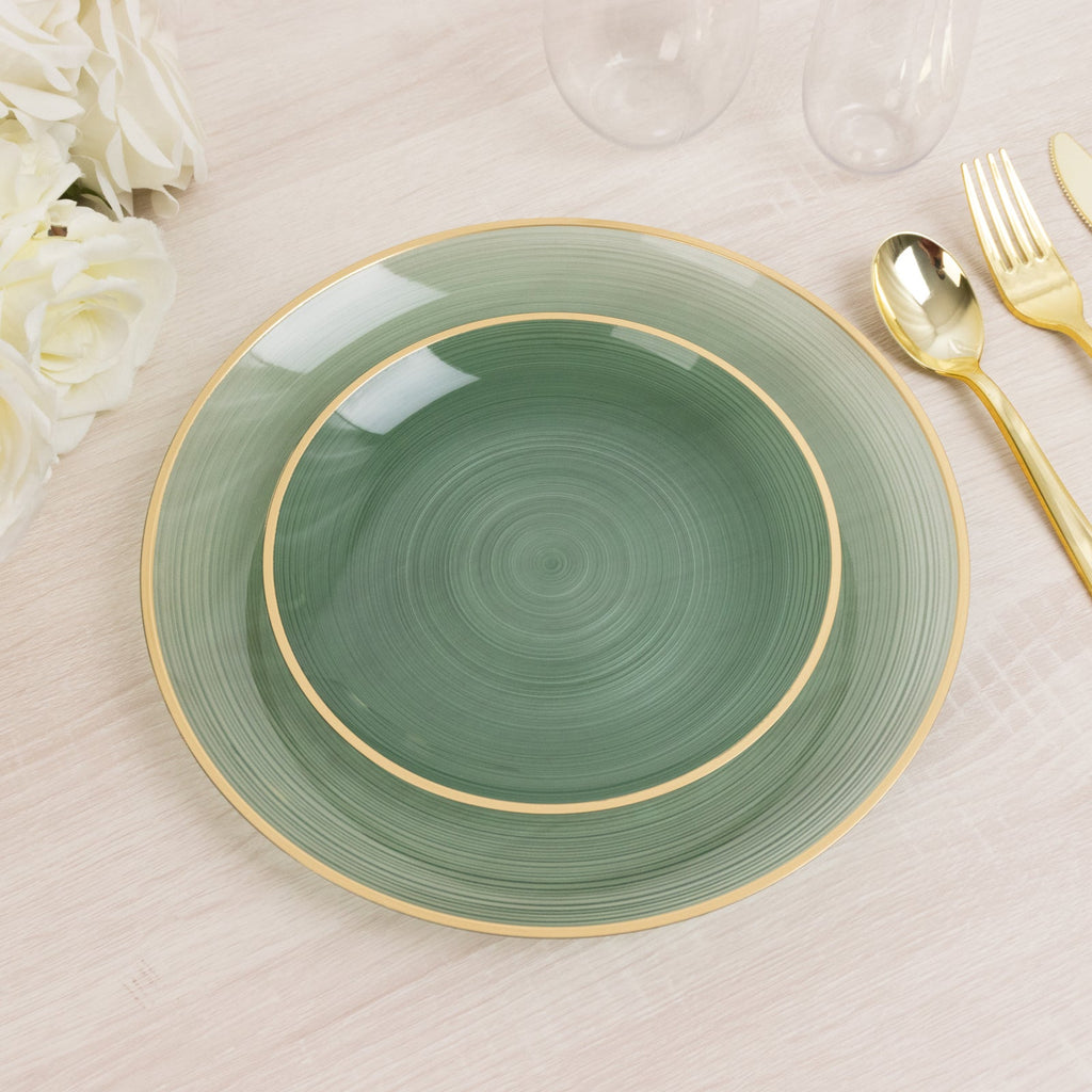 20 - Pack 7" Plastic Salad Dessert Plates, Round Transparent Dusty Sage Green Swirl with Gold Rim â€“ Crystal - Like Elegant Party Plates - Bell Racket Store