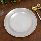 20 - Pack 7" Plastic Salad Dessert Plates, Round Transparent Pearl White Swirl with Gold Rim â€“ Crystal - Like Elegant Party Plates - Bell Racket Store